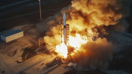Aufkleber - The rocket ignites its engines, producing a burst of flames and a thick cloud of smoke against the night sky