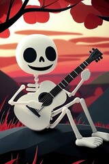 Poster - Happy Skeleton Playing Guitar in a Forest