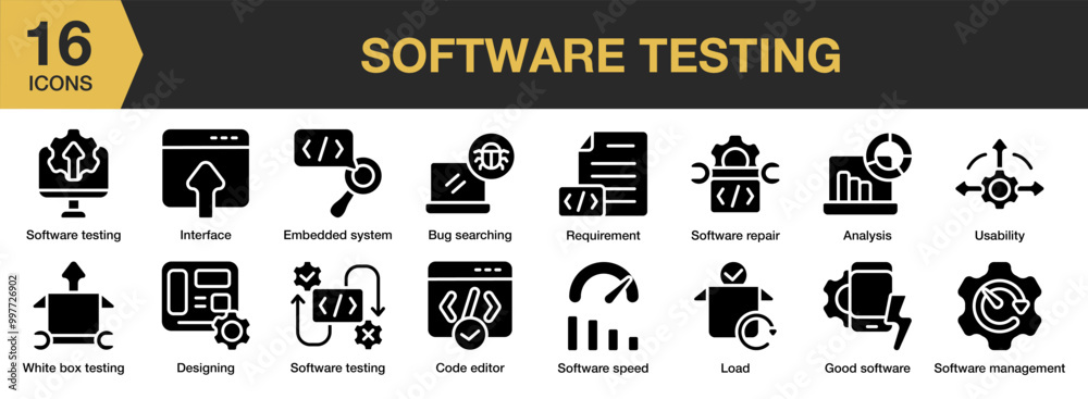 Software System solid icon set. Includes interface, load, management ...