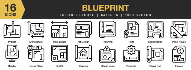 Wall Mural - Blueprint icon set. Editable Stroke Icon Collection. Includes invoice, maps house, plan, paper roll, project, and More. Outline icons vector collection.