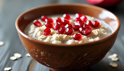 Vibrant oatmeal bowl adorned with luscious pomegranate seeds