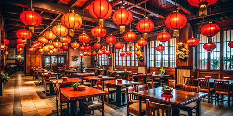 Busy Chinese restaurant interior with red lanterns, wooden tables, and hanging decorations, Chinese