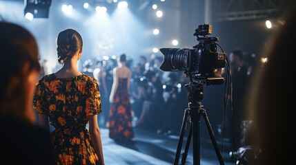 Poster - A fashion photographer stands focused behind the camera, ready to capture models walking down the runway at an evening event. Bright lights illuminate the atmosphere as the audience watches.