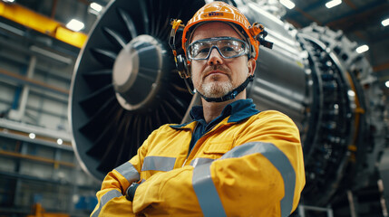 Wall Mural - Confident engineer in safety gear stands in an aerospace facility, beside a large jet engine, showcasing dedication and professionalism.