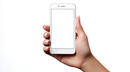 Poster - woman hand holding a white screen smart phone on white background
