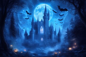 Enchanted Castle Under a Midnight Moon: A haunting and atmospheric illustration of a grand gothic castle bathed in the ethereal glow of a full moon.