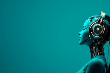Poster - A 3D render of a futuristic female robot head wearing headphones, showcasing the intersection of technology and art. The minimalist design and serene expression evoke a sense of calm and sophisticatio