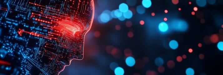 Poster - A 3D illustration of an AI head made from digital circuitry, symbolizing artificial intelligence, technology, innovation, future, and progress.