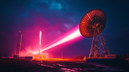 Poster - A rocket is launching from a space facility, surrounded by a dramatic light display casting vibrant colors