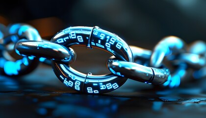 Ethereal close-up of a silver chain link illuminated by a vibrant blue digital pattern symbolizing connection and security