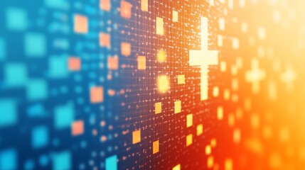 Poster - A dynamic and captivating background featuring a vibrant gradient transitioning from blue to orange, showcasing an intricate grid pattern and a prominent white cross symbol.