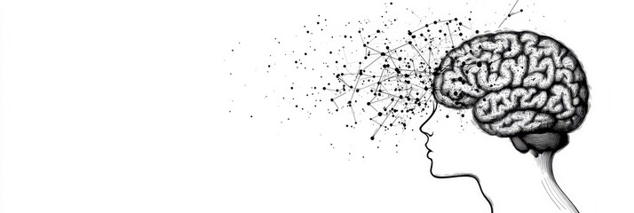 Poster - A simple line drawing of a human profile in profile view with a detailed brain illustration. The brain is represented as a complex network, symbolizing thought, knowledge, and creativity.