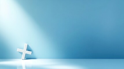 Poster - A simple and modern design with a white cross on a soft blue gradient background illuminated by a gentle light beam, symbolizing hope, positivity, faith, and new beginnings.