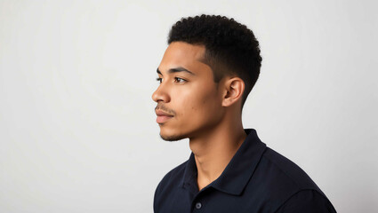 Poster - young appealing mixed race guy side view portrait on plain background photoshoot model