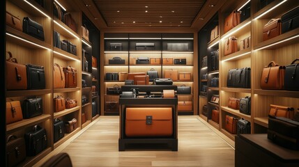 Retail store with a premium selection of leather goods, including bags and wallets, arranged in a chic, modern interior.