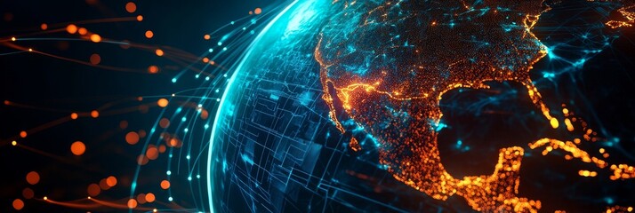 Poster - A stylized X-ray view of the Earth, with glowing lines representing global connections and communication pathways. This image symbolizes globalization, technological advancement, and the interconnecte