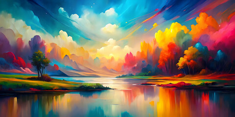 Colorful abstract landscape painting with modern design elements, abstract, modern, colorful, landscape, painting, contemporary