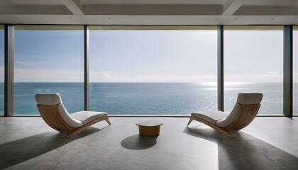 a modern, minimalist interior space featuring two lounge chairs positioned in front of a large glass window. The window offers a panoramic view of the ocean, with calm waters extending to the horizon.