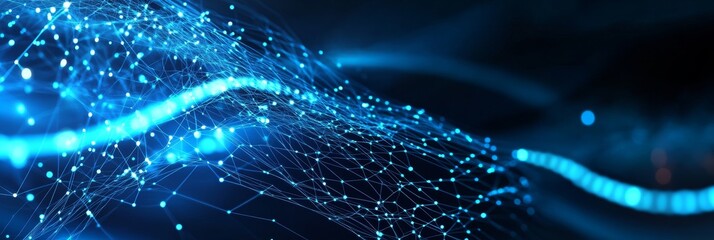 Poster - abstract blue digital network background with connected lines and glowing dots, symbolizing technolo