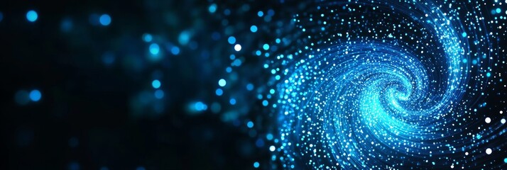 Poster - Abstract blue background with a spiral of glowing dots, representing energy, movement, technology, and the cosmos.