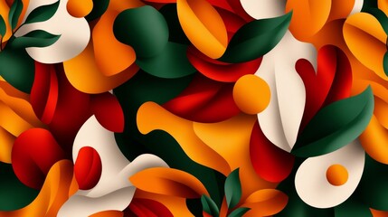 Poster - Abstract seamless background with modern geometric shapes in vibrant orange, red, green, and white, symbolizing nature, creativity, energy, design, and style.