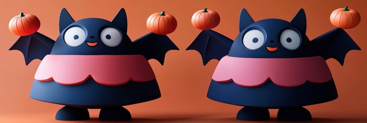 Poster - Cute Cartoon Bats Holding Pumpkins for Halloween