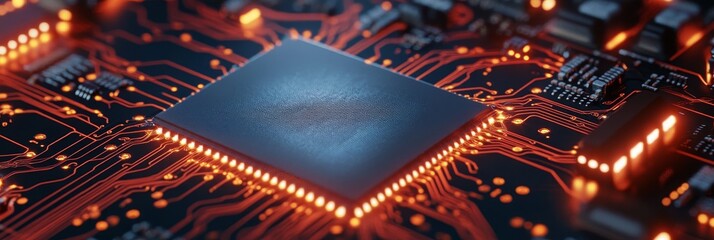 Poster - Close-up of an advanced microchip on a circuit board. This image represents the complexity and power of modern technology, showcasing the intricate design and connections within a microprocessor.