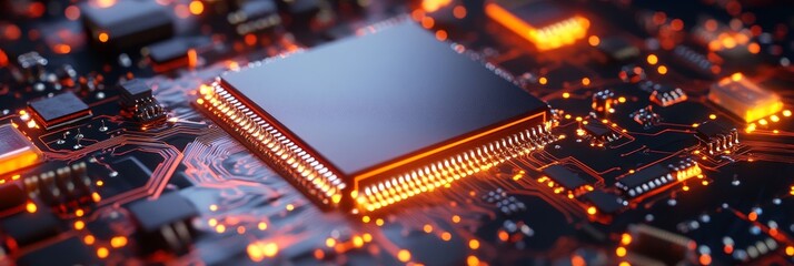 Poster - Close-up view of an advanced microchip on a circuit board, showcasing intricate circuitry and glowing elements. The image symbolizes innovation, technology, connectivity, computing power, and digital 