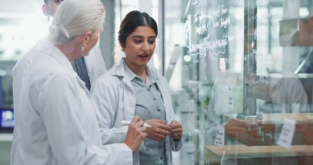 Aufkleber - Scientist, team and writing with glass in laboratory for tracking experiment progress, brainstorming and research. Science, collaboration and people with formula for prediction, analysis and theory.