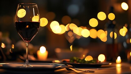 Intimate candlelit dinner setting with wine glass and enchanting bokeh lights in the backdrop