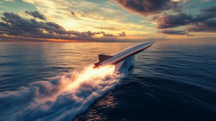 Poster - A rocket is launching off the ocean, trailing flames and smoke, as the sun sets, casting vibrant colors across the sky. The powerful propulsion creates large waves, highlighting the dramatic moment.
