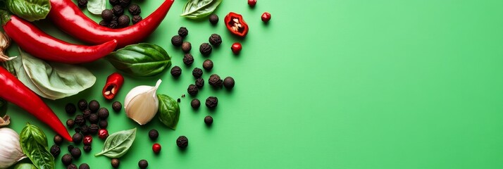 Red chili peppers, black peppercorns, basil leaves, garlic cloves, and red chili flakes arranged on a green background.  The vibrant colors and fresh ingredients represent the flavors of a delicious m