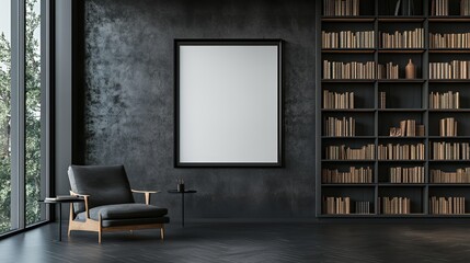 Wall Mural - Dark living room with a large empty frame, armchair, side table, and bookshelf.