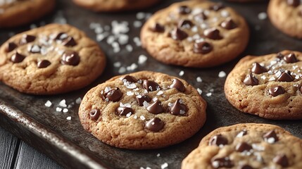 Close up of freshly baked chocolate chip cookies with sea salt on a baking sheet.