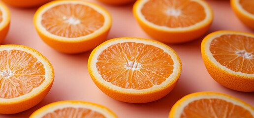 A close-up of halved oranges arranged on a surface, highlighting their vibrant color and texture.