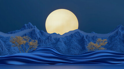 Cobalt blue, the Great Wall, mountains, trees, a giant luminous moon, gold-blue Chinese embroidery craft, landscape wallpaper