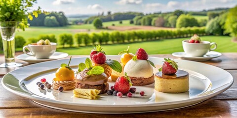 Exquisite English countryside dessert menu featuring a variety of sweet treats in a fine dining restaurant setting