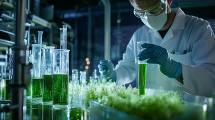 Poster - A researcher in a laboratory wears gloves and a mask while analyzing green liquid in glass beakers. The setting is vibrant and illuminated, showcasing various plant specimens and equipment.