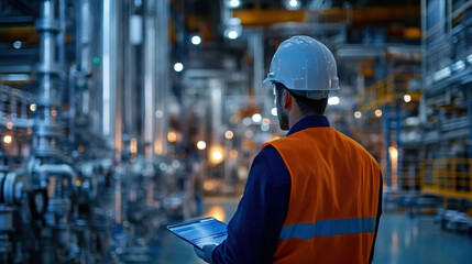 worker in safety helmet and vest is using tablet in modern industrial facility, showcasing focus on data driven decision making and safety enhancements