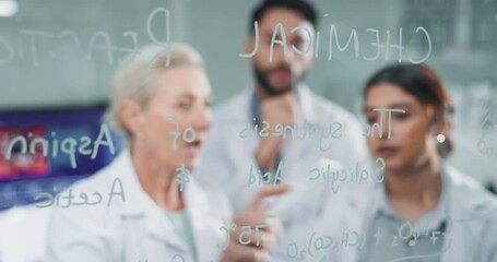 Poster - Scientist, team and conversation with glass in laboratory for tracking experiment progress, planning and research. Science, collaboration and equation or formula for prediction and chemical reaction.