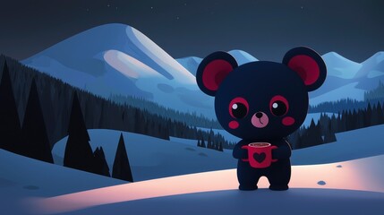 Cute Bear Enjoying a Warm Drink in a Snowy Mountain Landscape