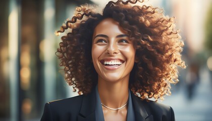 Confident woman in tailored suit radiating joy and positivity