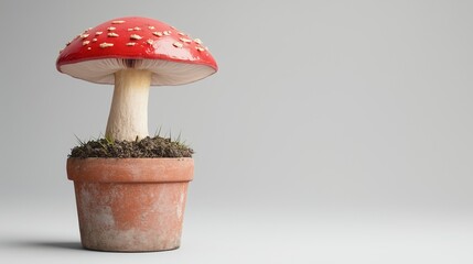 Mushroom red plant on clay pot with soil houseplant decoration botanical gardening