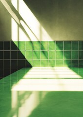 Aufkleber - Vibrant Green Kitchen Counter with Soft Sunlight Reflection - Minimalist Style, Fresh Monochromatic Color Scheme, Calm Atmosphere, Early Morning, Wide Low-Angle View