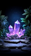 Wall Mural - Magical Purple Crystals Surrounded by Lush Foliage