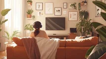 Aufkleber - A person relaxes on an orange couch in a sunny living room, wearing headphones and enjoying music, with decorative plants and framed art enhancing the cozy vibe.