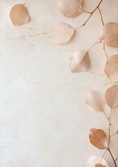 Poster - Minimalist Botanical Background with Beige Dried Leaves on Textured White Wall