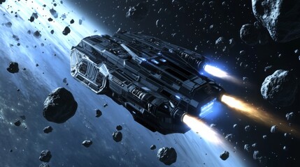 Fototapete - A sleek spacecraft ventures through a mesmerizing asteroid field, illuminated by distant stars. Thrusters ignite as it skillfully avoids rocky debris in the vast expanse of space.