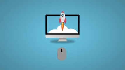 Animated for social media, web, presentation business. new business startup, rocket launch of a computer, launch of a successful internet business