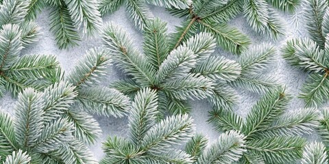 Wall Mural - Seamless pattern of fresh fluffy Christmas tree branches covered in frost, winter, festive, ornament, holiday, seasonal, snow